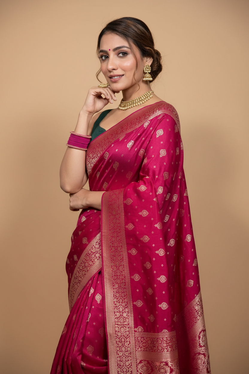 Snuggle Spot Women's Silk Printed Saree With Unstitched Blouse 5.5Mtr (Rani Pink)