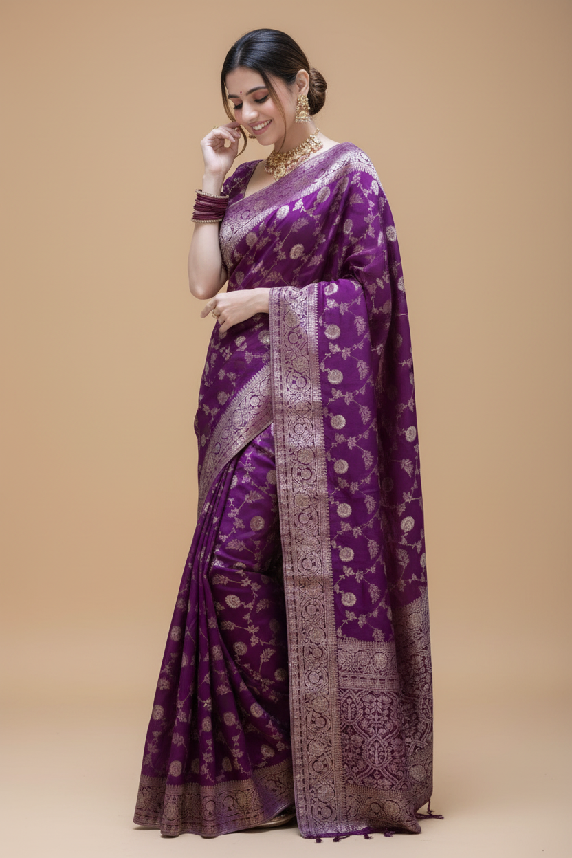 Snuggle Spot Women's Silk Printed Saree With Unstitched Blouse 5.5Mtr (Purple)
