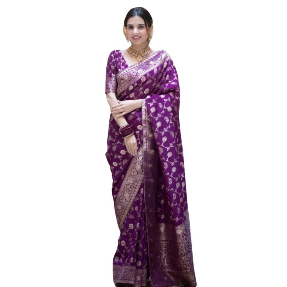 Snuggle Spot Women's Silk Printed Saree With Unstitched Blouse 5.5Mtr (Purple)