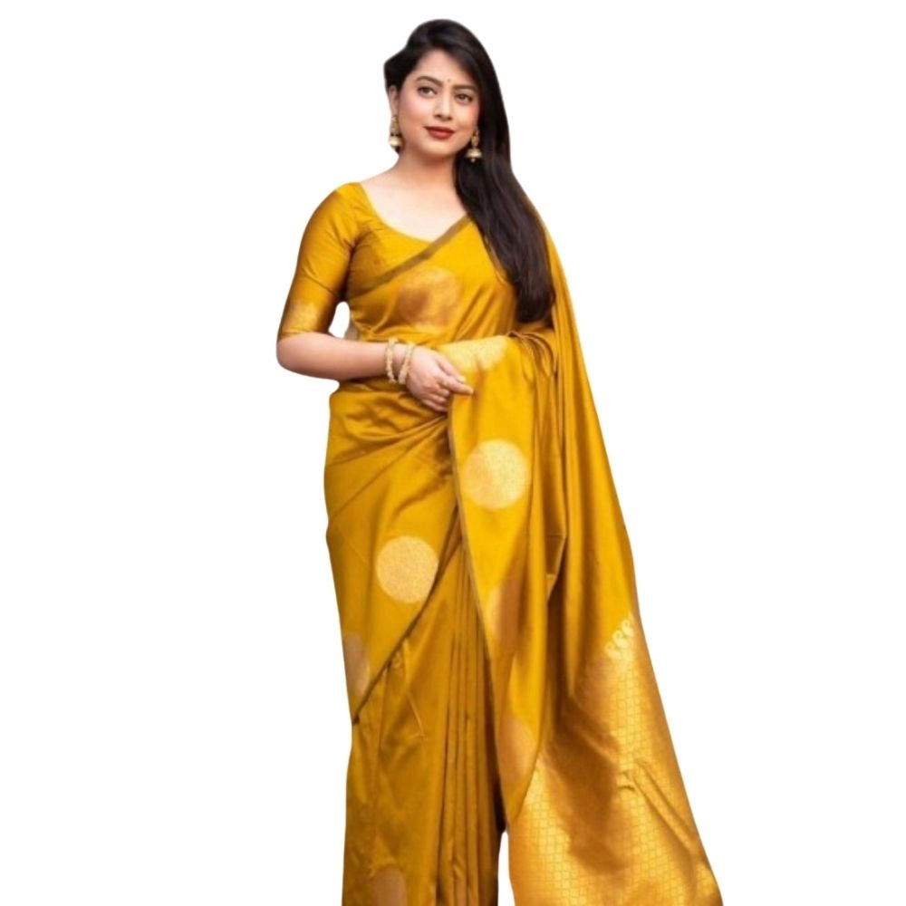 Snuggle Spot Women's Silk Printed Saree With Unstitched Blouse 5.5Mtr (Yellow)