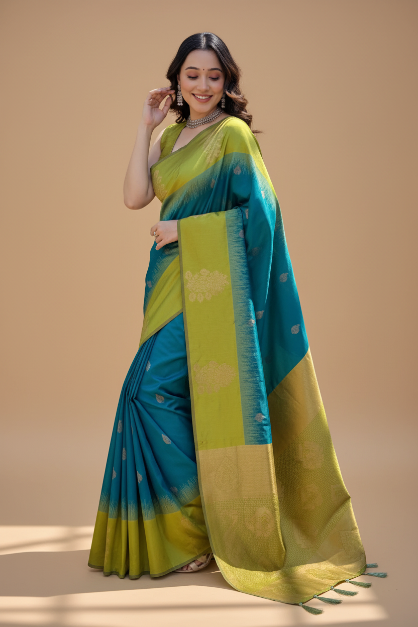 Snuggle Spot Women's Silk Printed Saree With Unstitched Blouse 5.5Mtr (Rama)