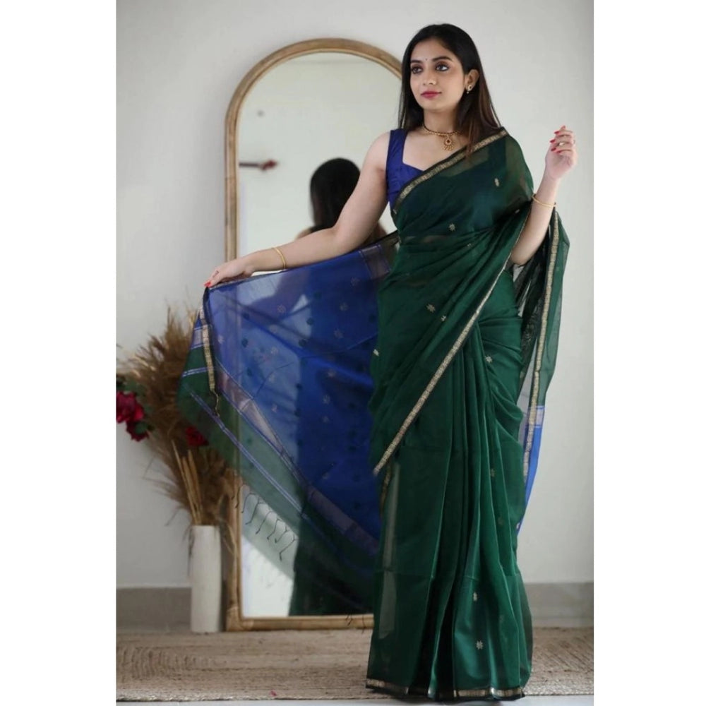 Snuggle Spot Women's Cotton  Printed Saree With Unstitched Blouse 5.5Mtr (Green)