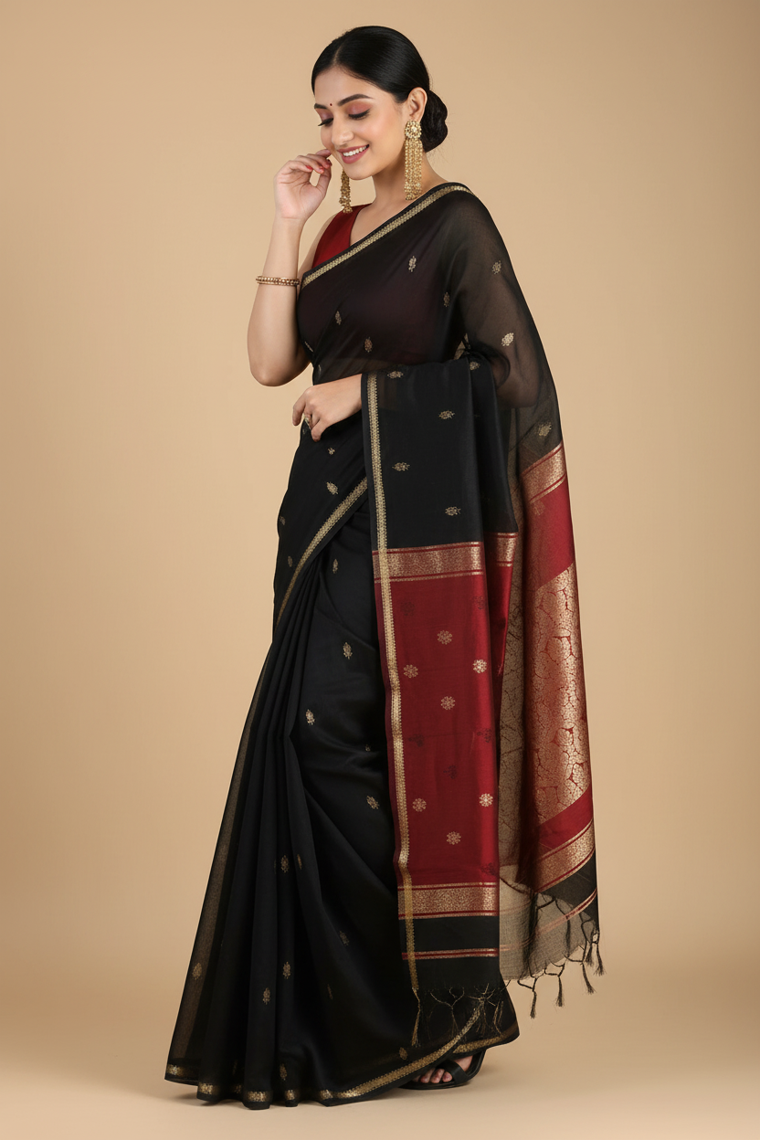 Snuggle Spot Women's Cotton  Printed Saree With Unstitched Blouse 5.5Mtr (Black)