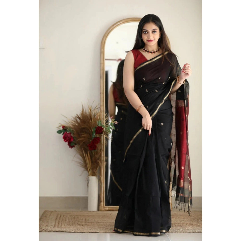 Snuggle Spot Women's Cotton  Printed Saree With Unstitched Blouse 5.5Mtr (Black)