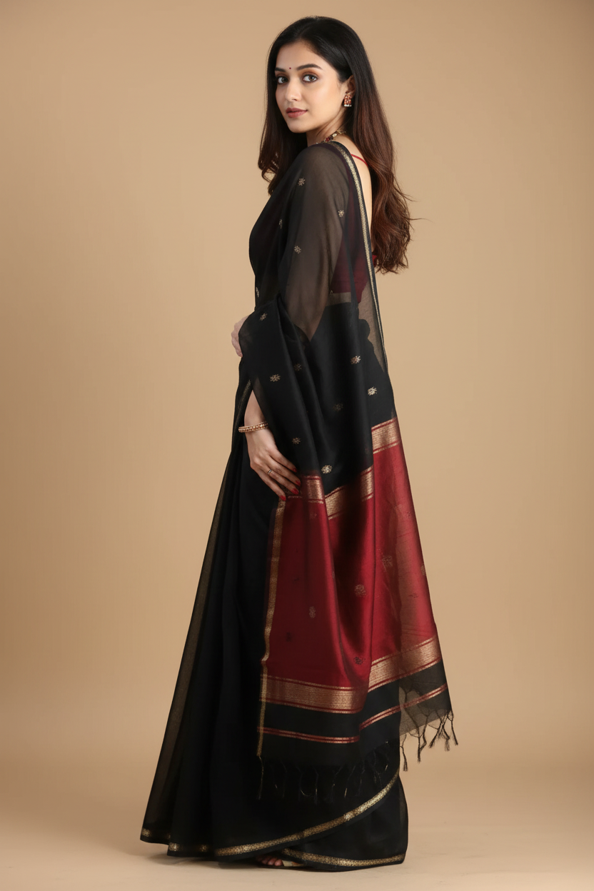Snuggle Spot Women's Cotton  Printed Saree With Unstitched Blouse 5.5Mtr (Black)