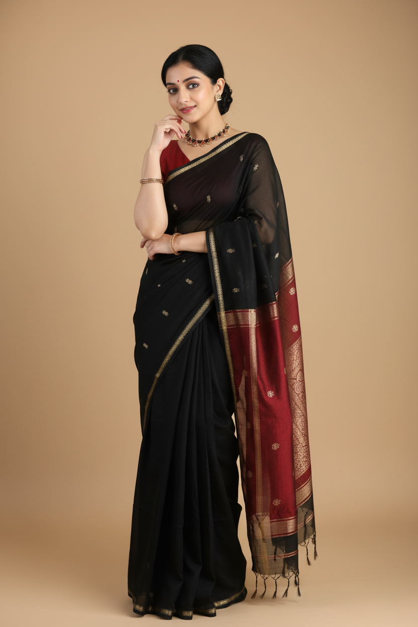 Snuggle Spot Women's Cotton  Printed Saree With Unstitched Blouse 5.5Mtr (Black)
