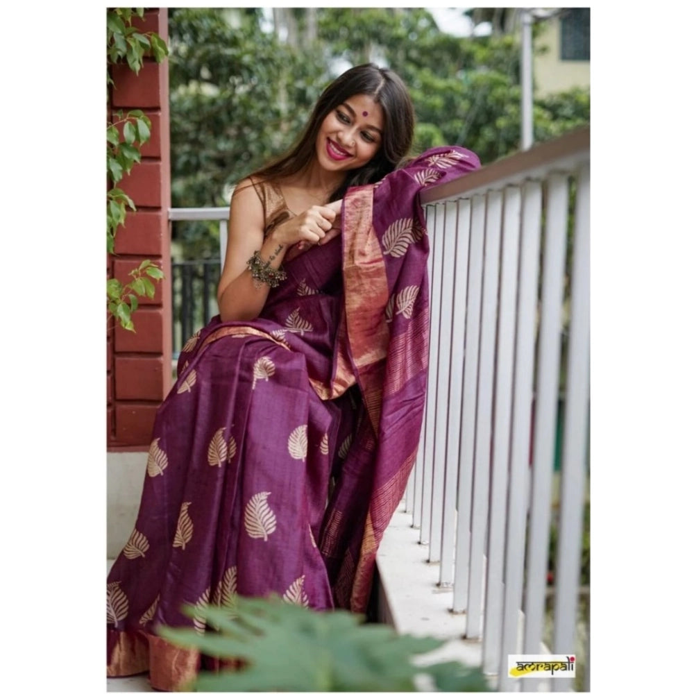 Snuggle Spot Women's Silk Printed Saree With Unstitched Blouse 5.5Mtr (Purple)