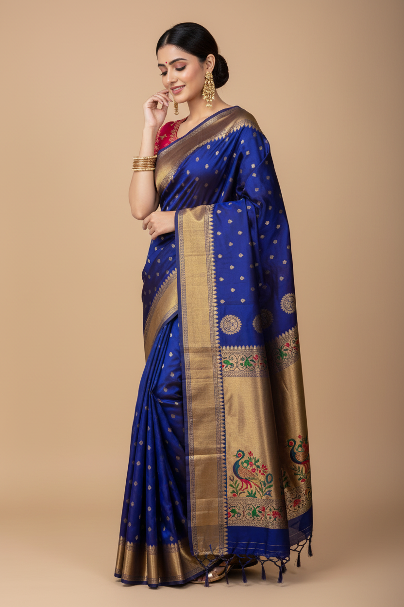 Snuggle Spot Women's Silk Printed Saree With Unstitched Blouse 5.5Mtr (Blue)