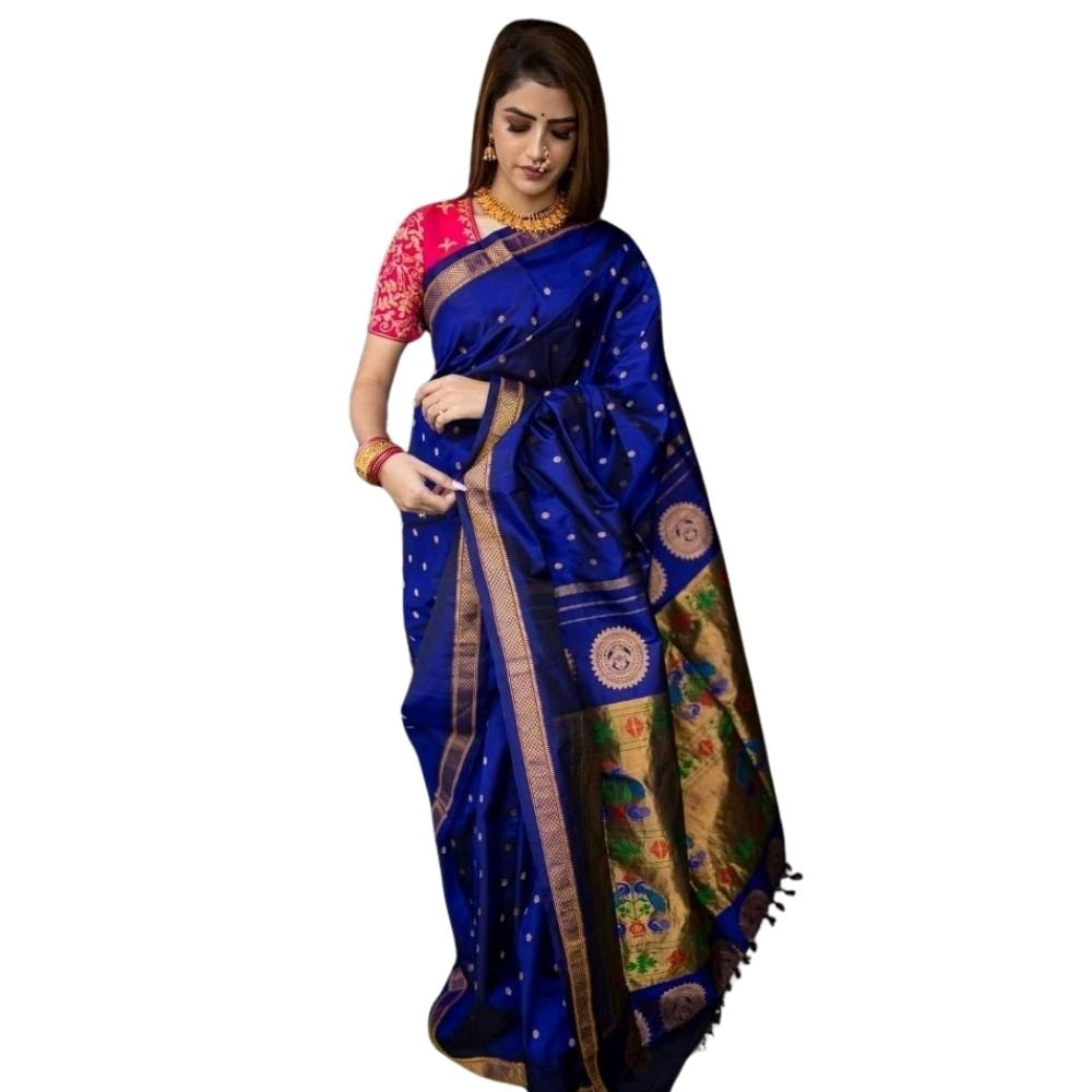 Snuggle Spot Women's Silk Printed Saree With Unstitched Blouse 5.5Mtr (Blue)