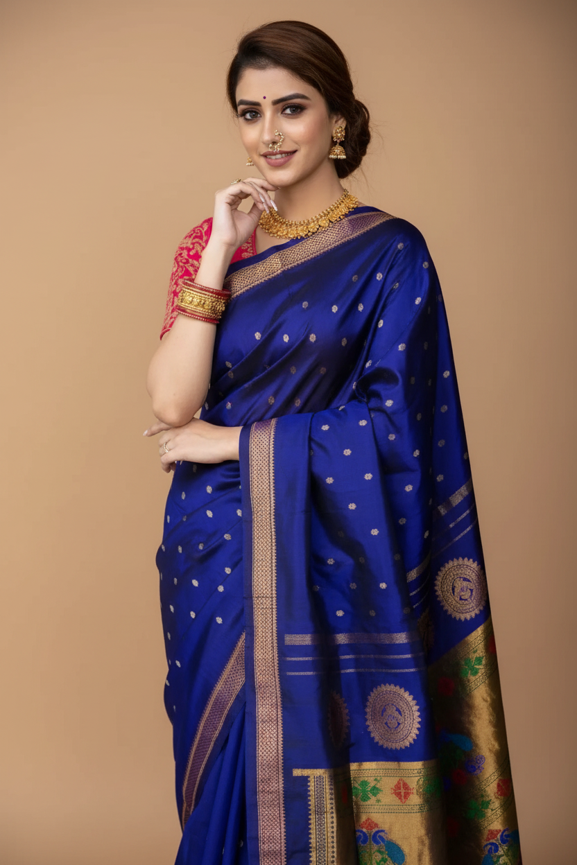 Snuggle Spot Women's Silk Printed Saree With Unstitched Blouse 5.5Mtr (Blue)