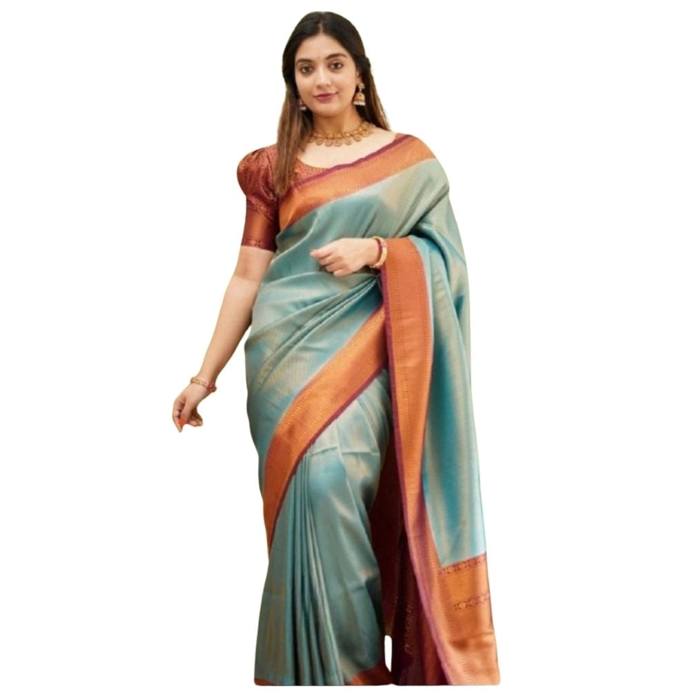 Snuggle Spot Women's Silk Printed Saree With Unstitched Blouse 5.5Mtr (Rama)
