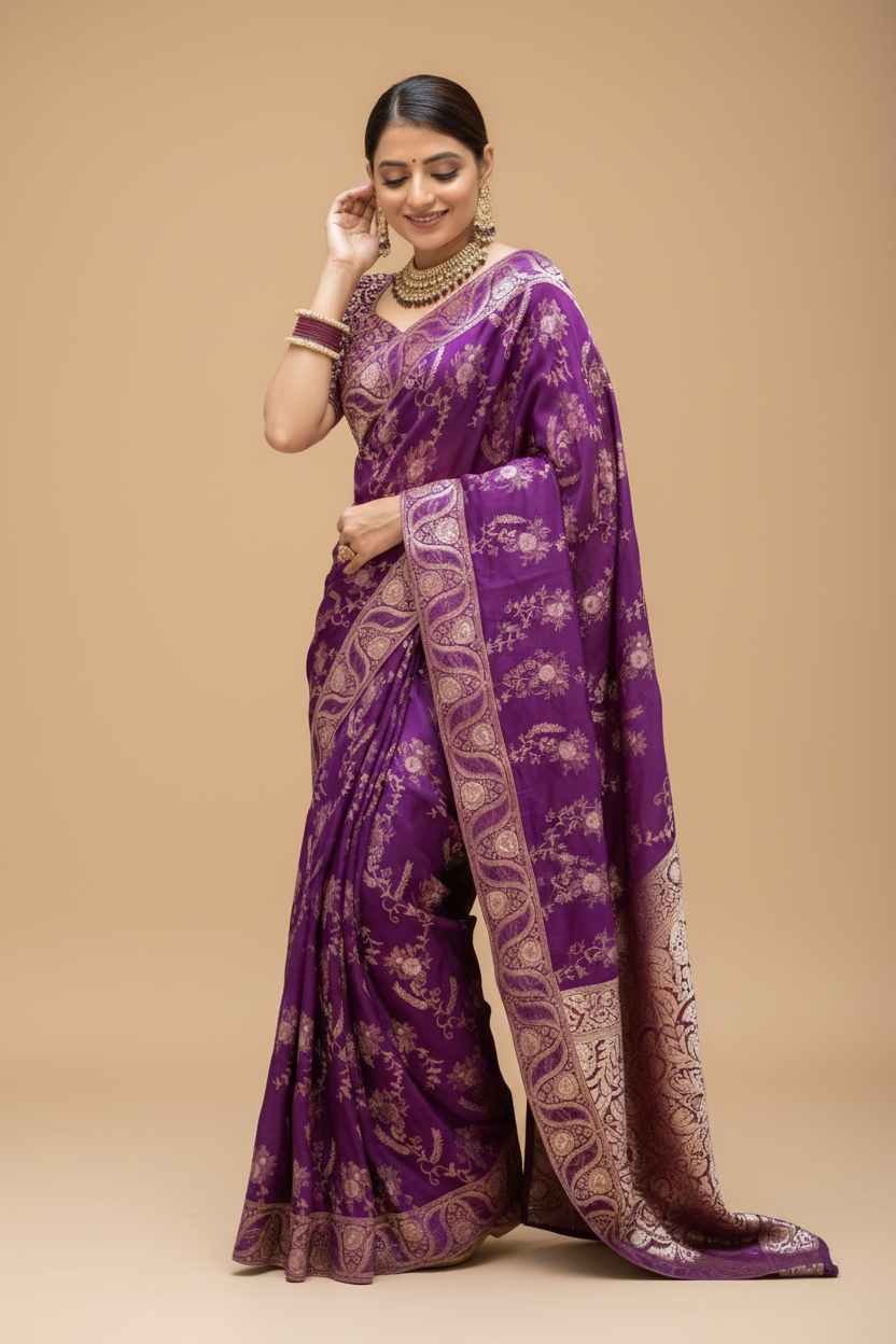 Snuggle Spot Women's Silk Printed Saree With Unstitched Blouse 5.5Mtr (Purple)