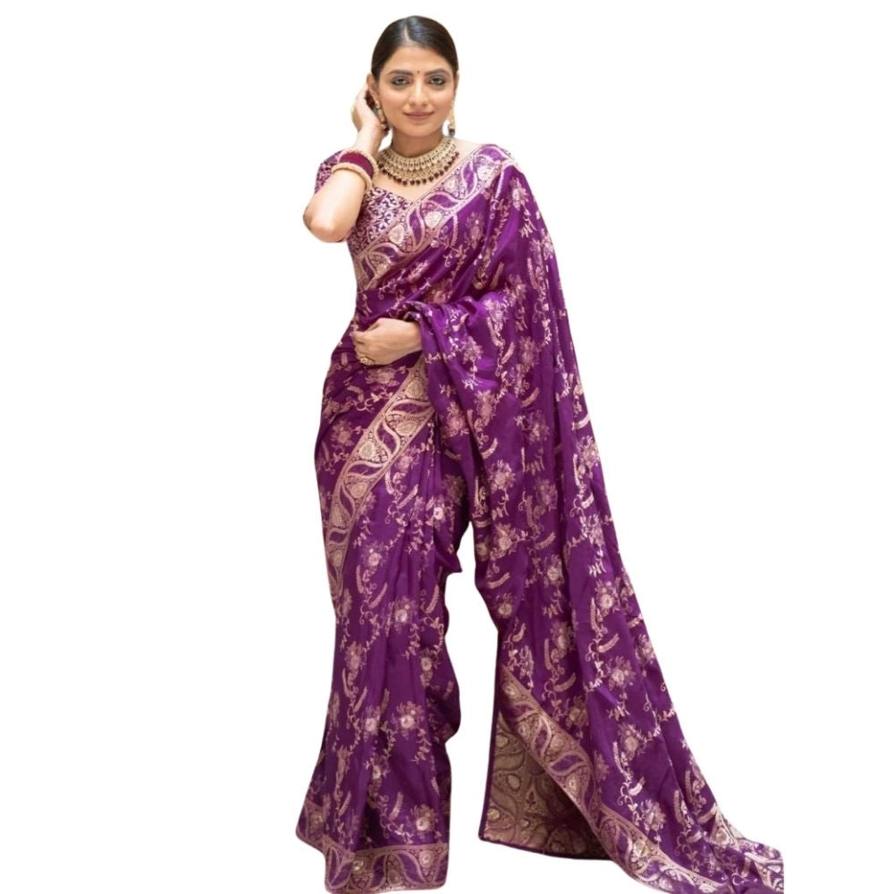 Snuggle Spot Women's Silk Printed Saree With Unstitched Blouse 5.5Mtr (Purple)