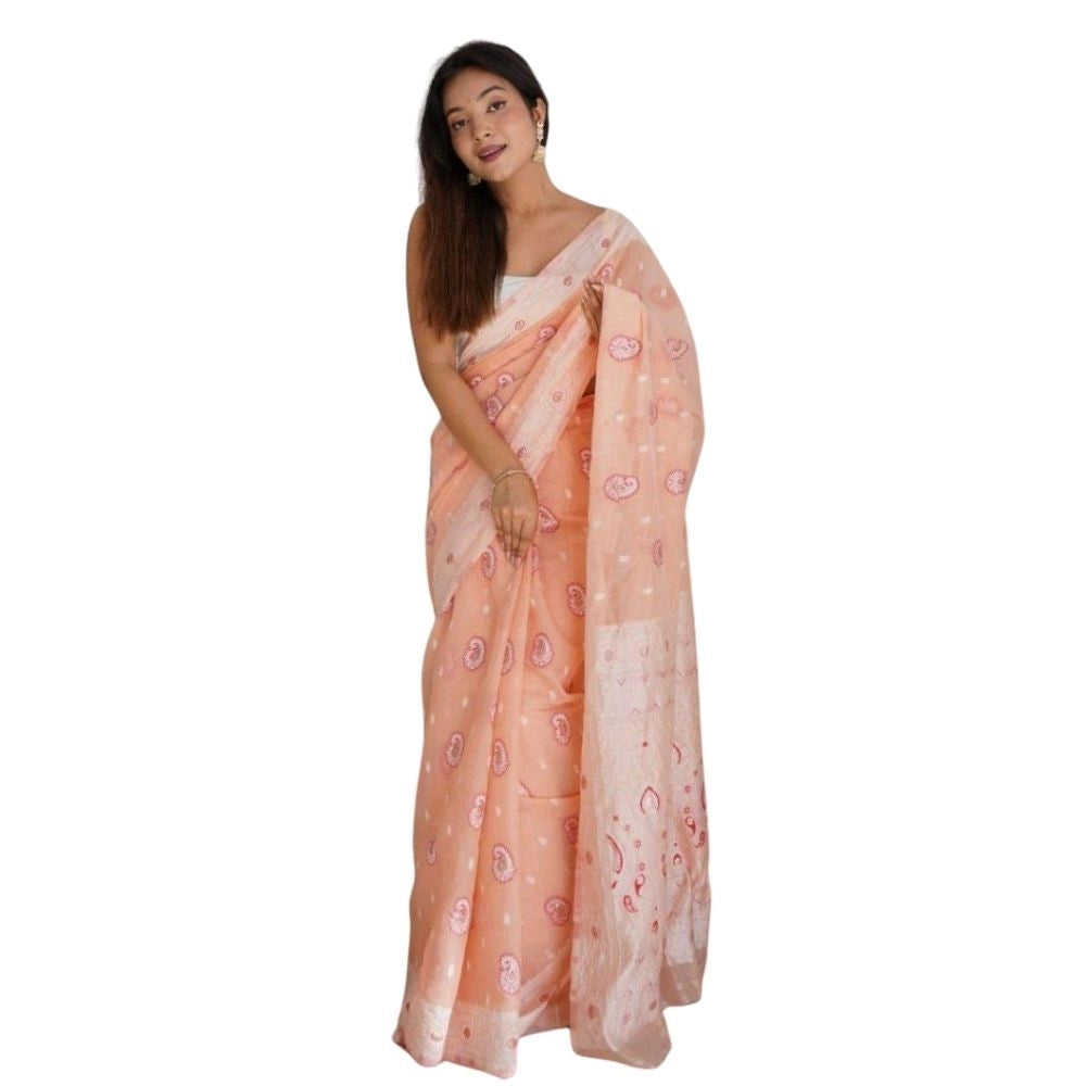 Snuggle Spot Women's Cotton  Printed Saree With Unstitched Blouse 5.5Mtr (Peach)