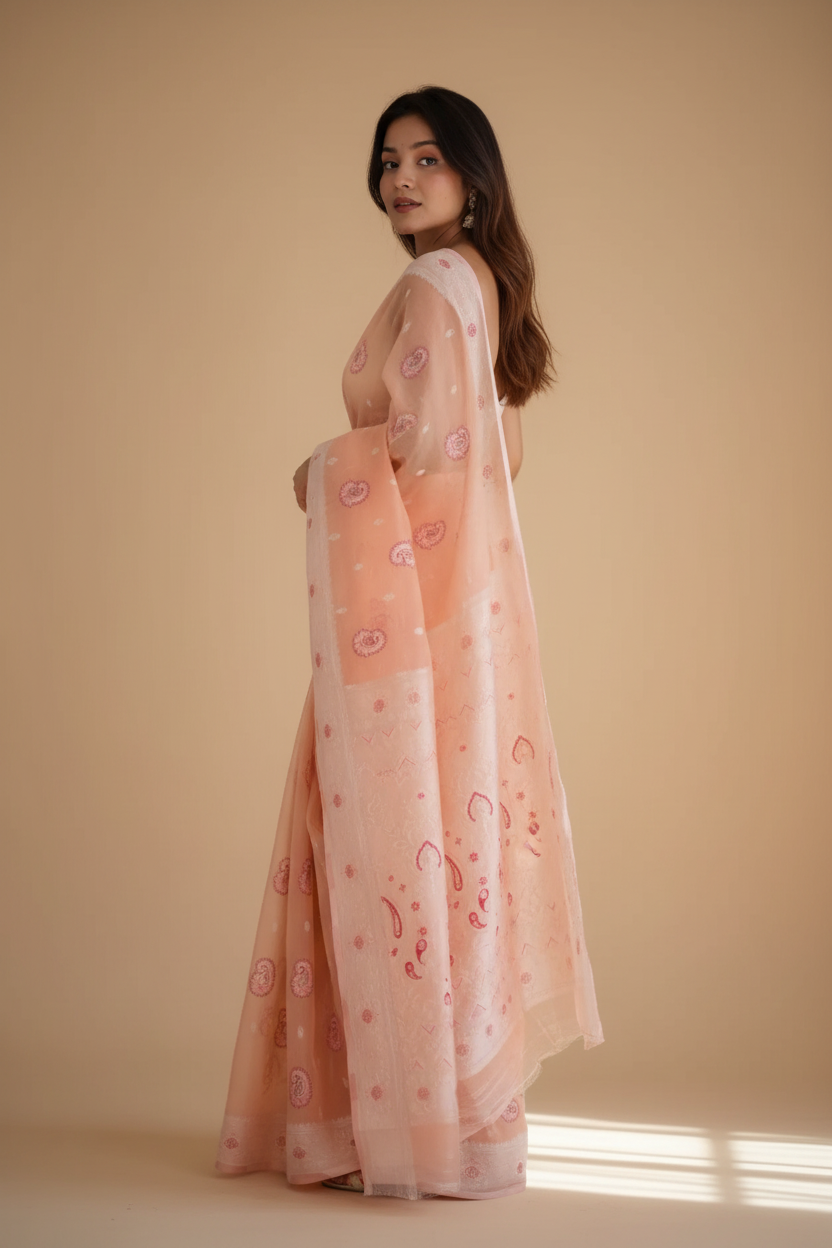 Snuggle Spot Women's Cotton  Printed Saree With Unstitched Blouse 5.5Mtr (Peach)