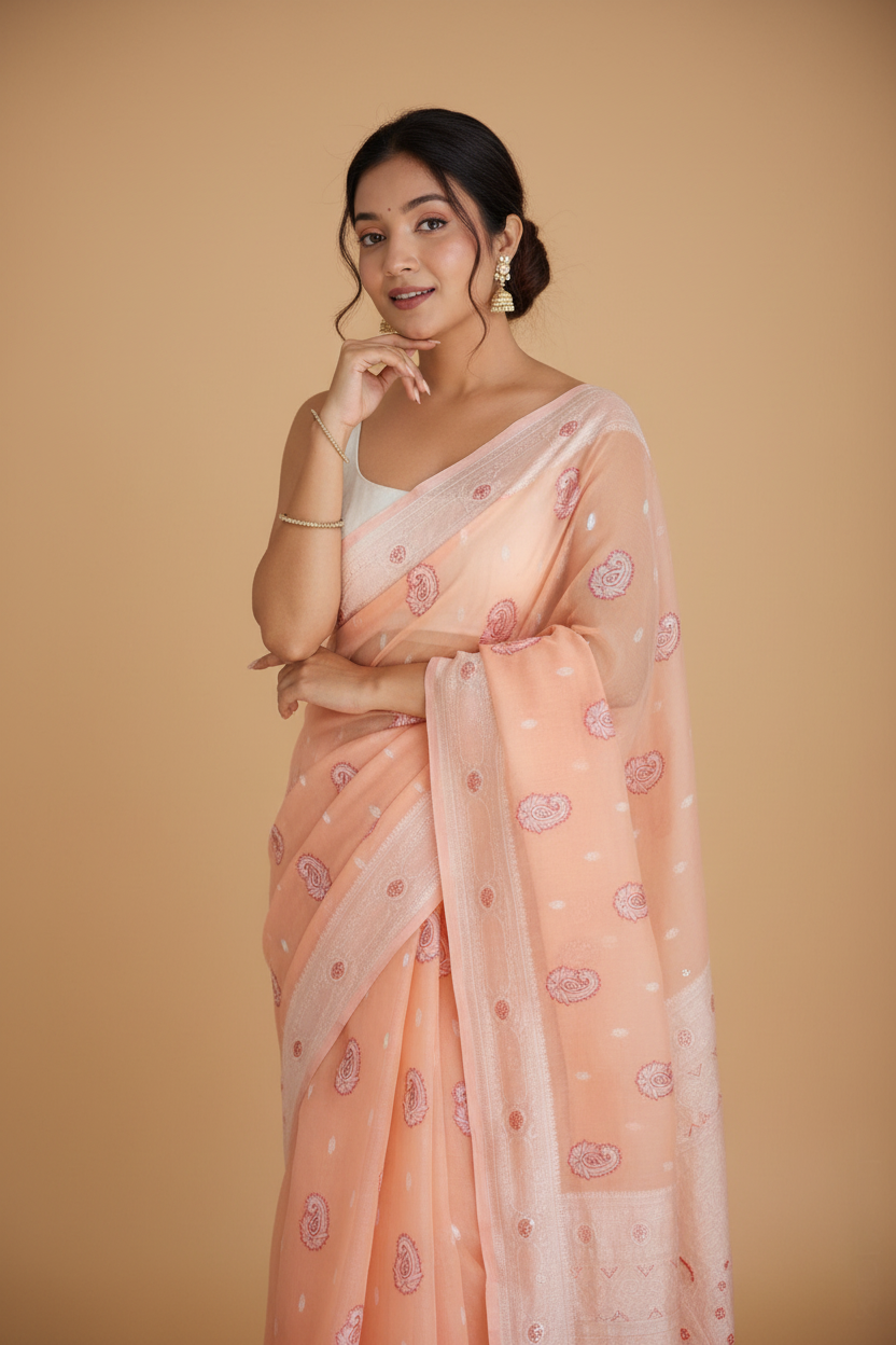 Snuggle Spot Women's Cotton  Printed Saree With Unstitched Blouse 5.5Mtr (Peach)