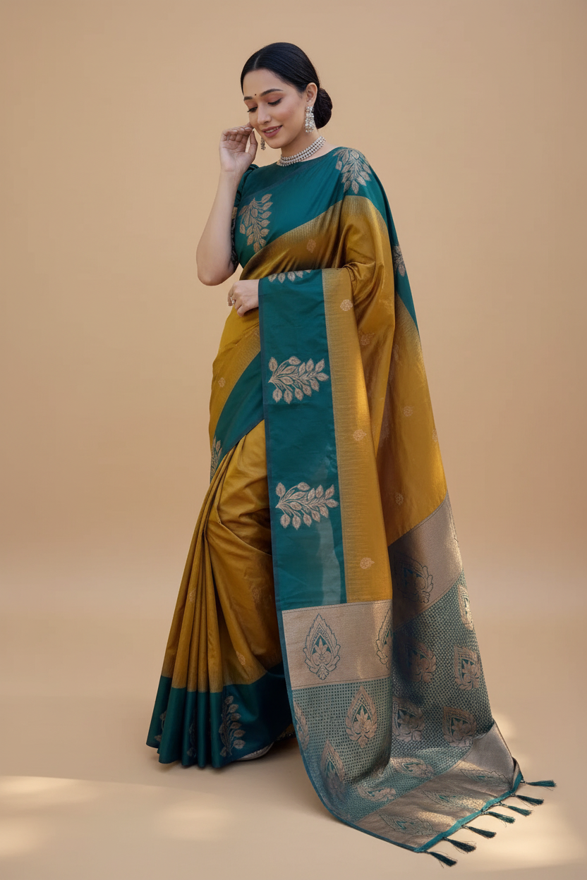 Snuggle Spot Women's Silk Printed Saree With Unstitched Blouse 5.5Mtr (Yellow)