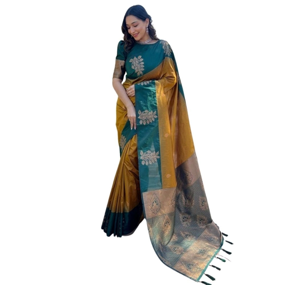 Snuggle Spot Women's Silk Printed Saree With Unstitched Blouse 5.5Mtr (Yellow)