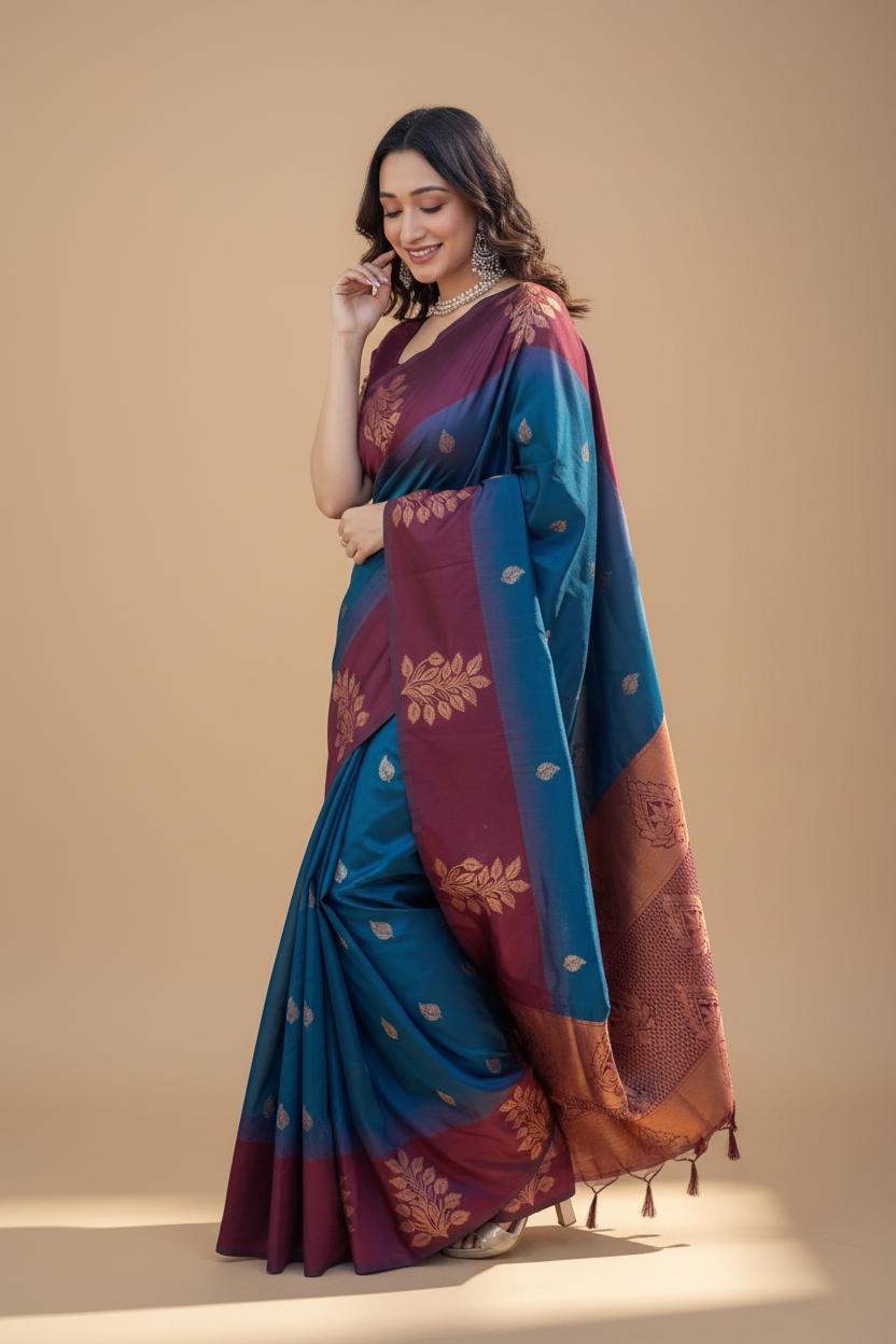 Snuggle Spot Women's Silk Printed Saree With Unstitched Blouse 5.5Mtr (Blue)