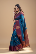 Snuggle Spot Women's Silk Printed Saree With Unstitched Blouse 5.5Mtr (Blue)