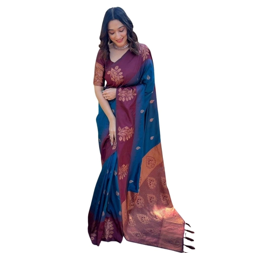 Snuggle Spot Women's Silk Printed Saree With Unstitched Blouse 5.5Mtr (Blue)
