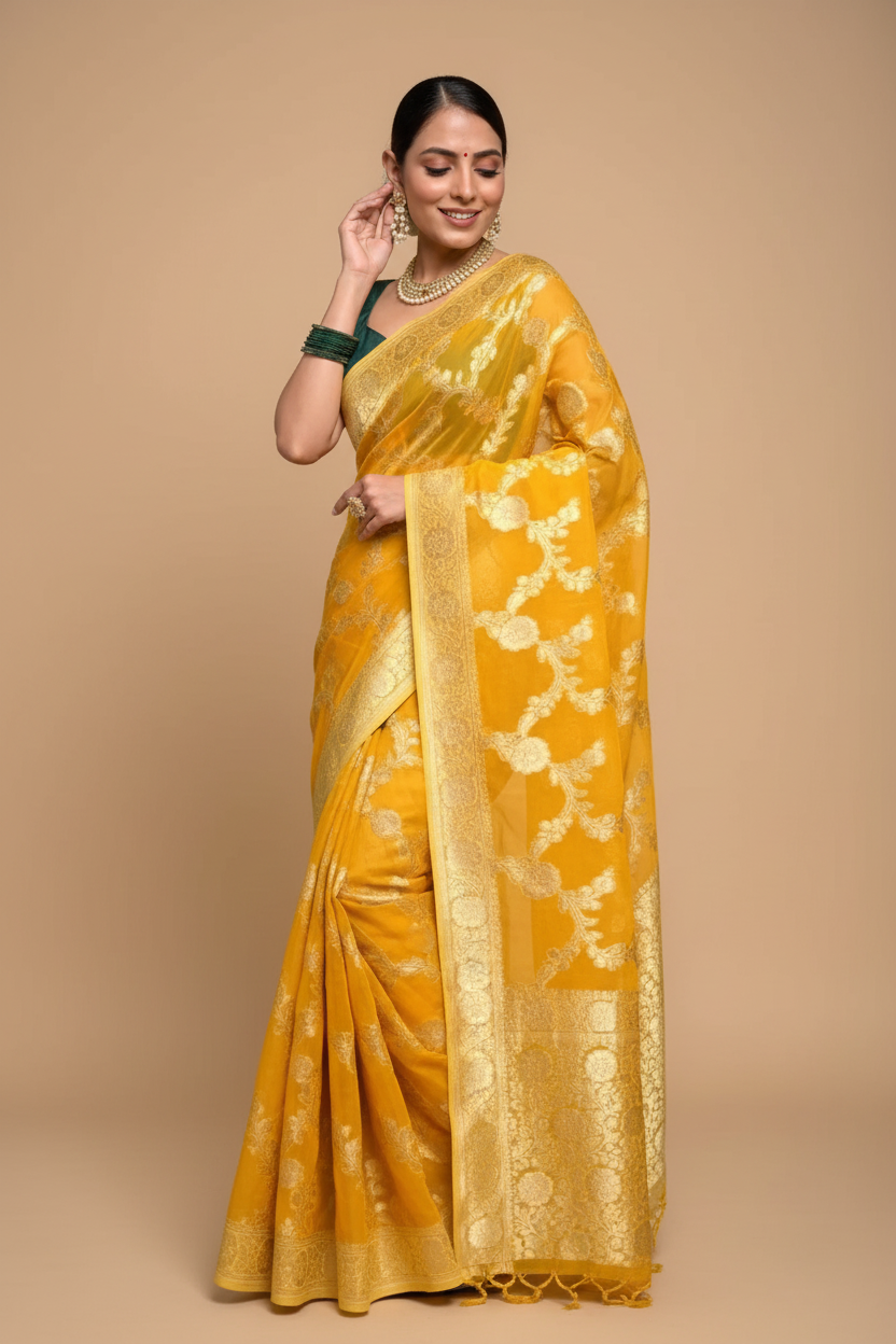 Snuggle Spot Women's Silk Printed Saree With Unstitched Blouse 5.5Mtr (Gold Yellow)