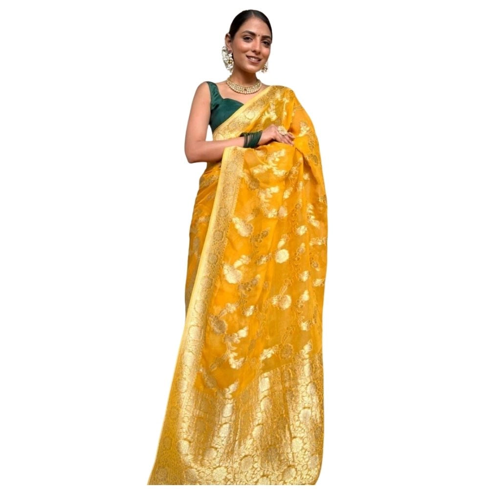 Snuggle Spot Women's Silk Printed Saree With Unstitched Blouse 5.5Mtr (Gold Yellow)