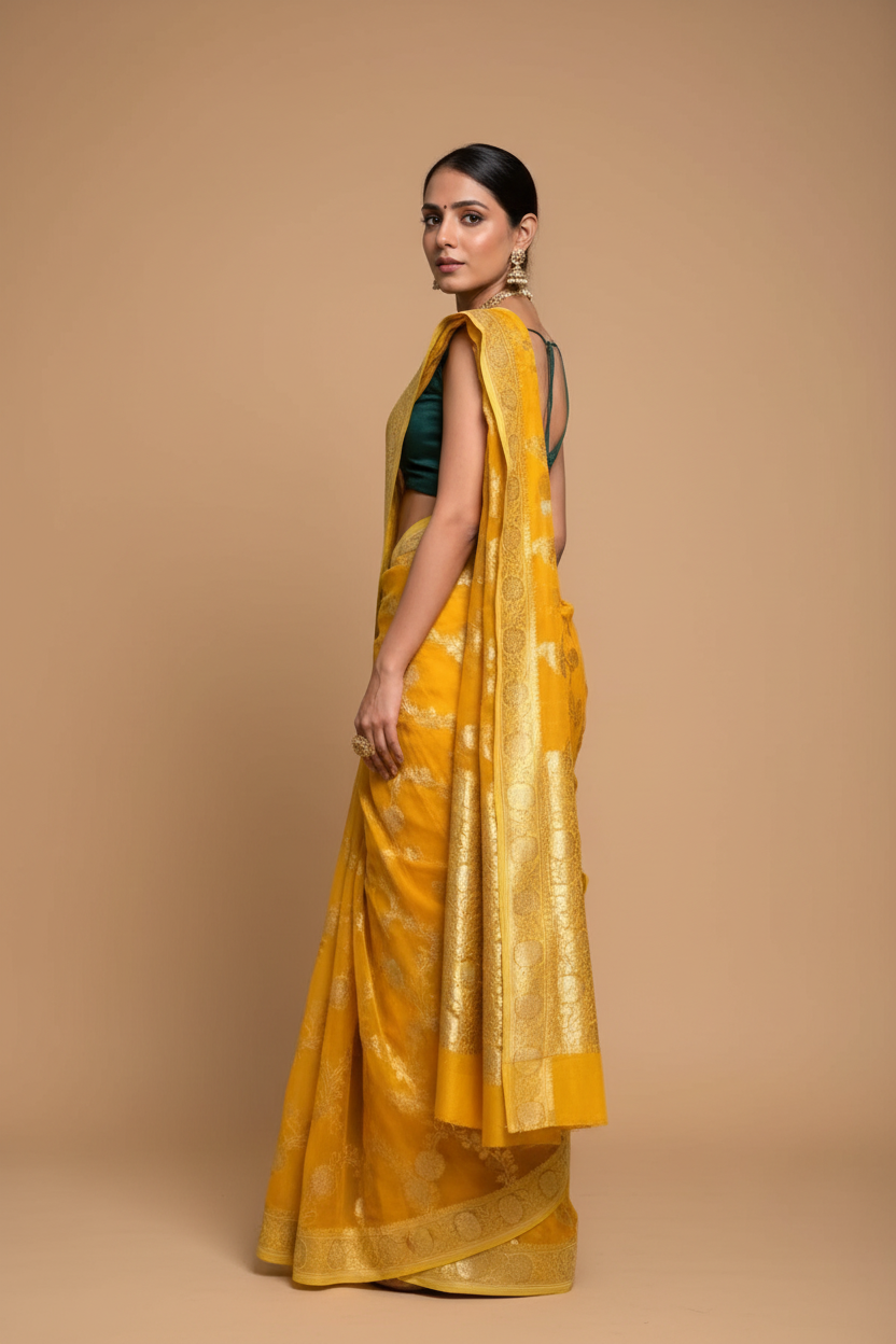 Snuggle Spot Women's Silk Printed Saree With Unstitched Blouse 5.5Mtr (Gold Yellow)