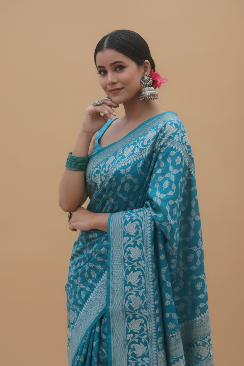 Snuggle Spot Women's Silk Printed Saree With Unstitched Blouse 5.5Mtr (Sky Blue)