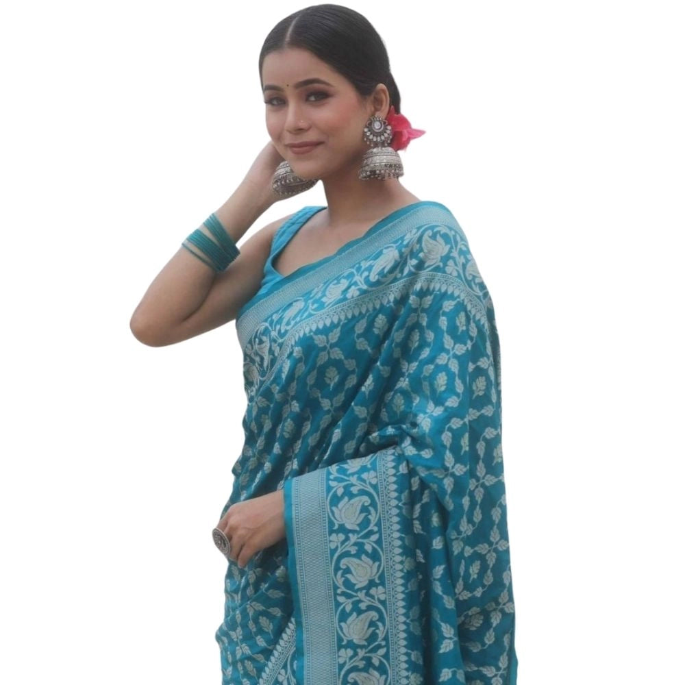 Snuggle Spot Women's Silk Printed Saree With Unstitched Blouse 5.5Mtr (Sky Blue)