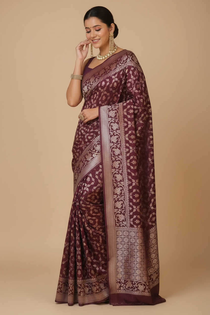 Snuggle Spot Women's Silk Printed Saree With Unstitched Blouse 5.5Mtr (Maroon)