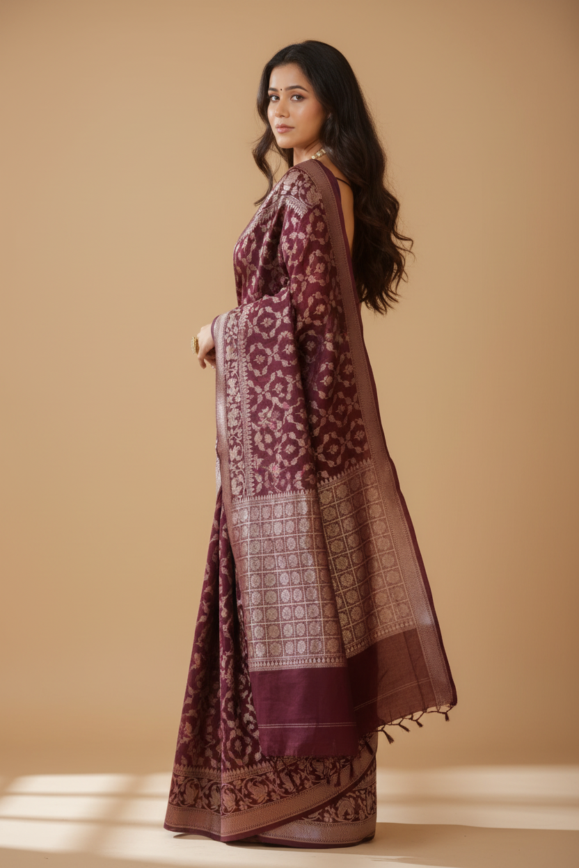 Snuggle Spot Women's Silk Printed Saree With Unstitched Blouse 5.5Mtr (Maroon)