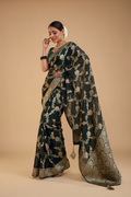 Snuggle Spot Women's Silk Printed Saree With Unstitched Blouse 5.5Mtr (Dark Green)