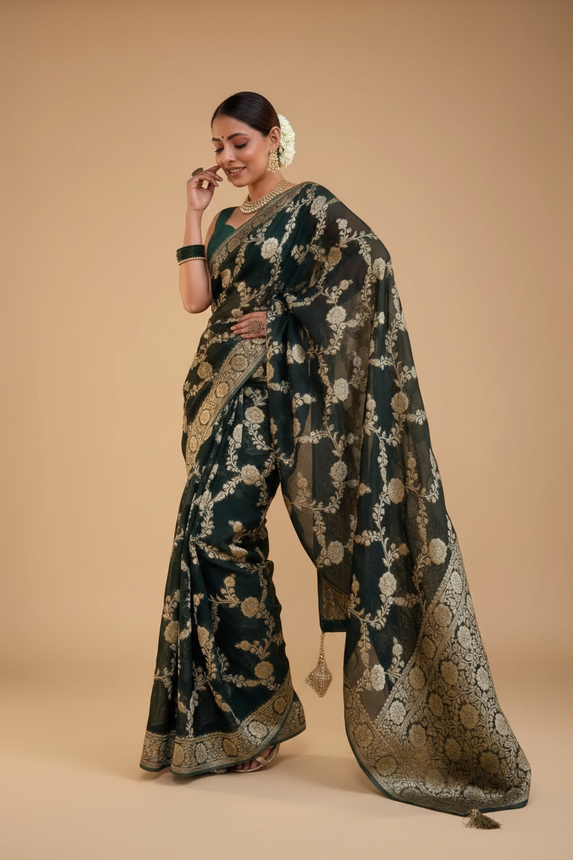 Snuggle Spot Women's Silk Printed Saree With Unstitched Blouse 5.5Mtr (Dark Green)