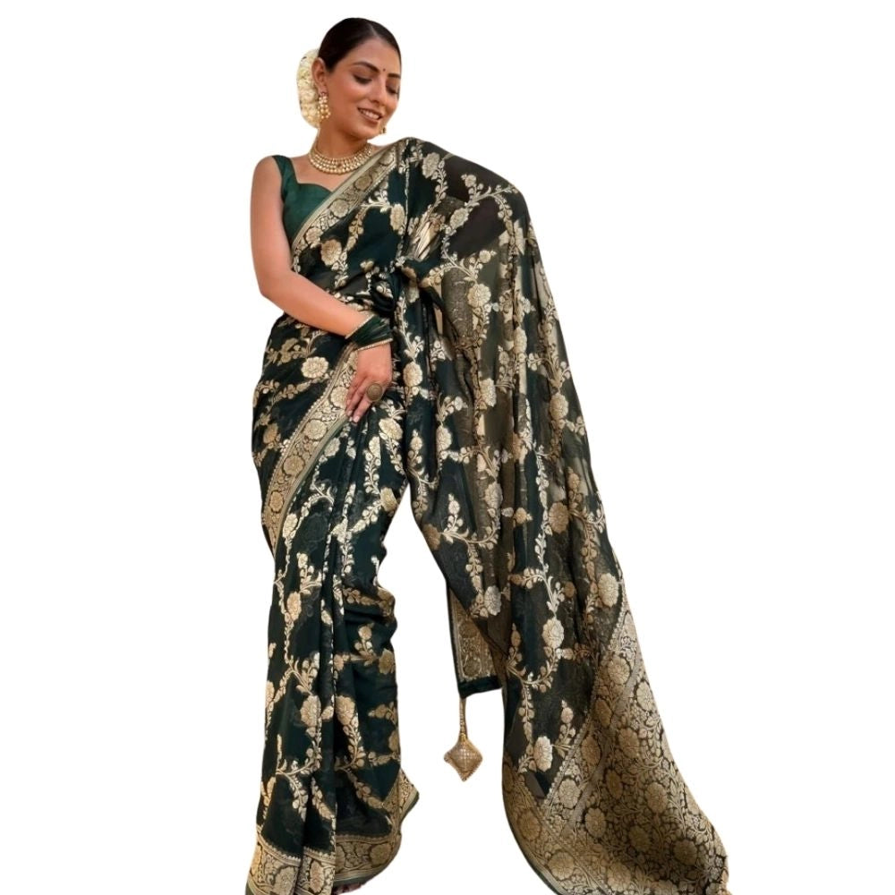 Snuggle Spot Women's Silk Printed Saree With Unstitched Blouse 5.5Mtr (Dark Green)