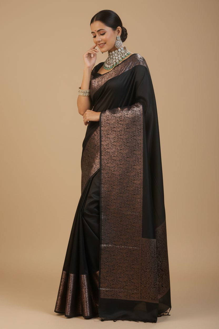 Snuggle Spot Women's Silk Printed Saree With Unstitched Blouse 5.5Mtr (Black)