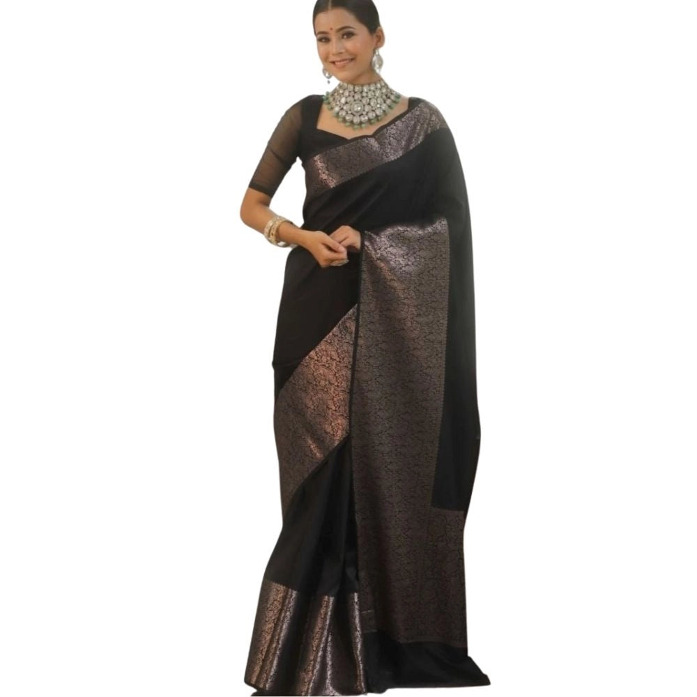 Snuggle Spot Women's Silk Printed Saree With Unstitched Blouse 5.5Mtr (Black)
