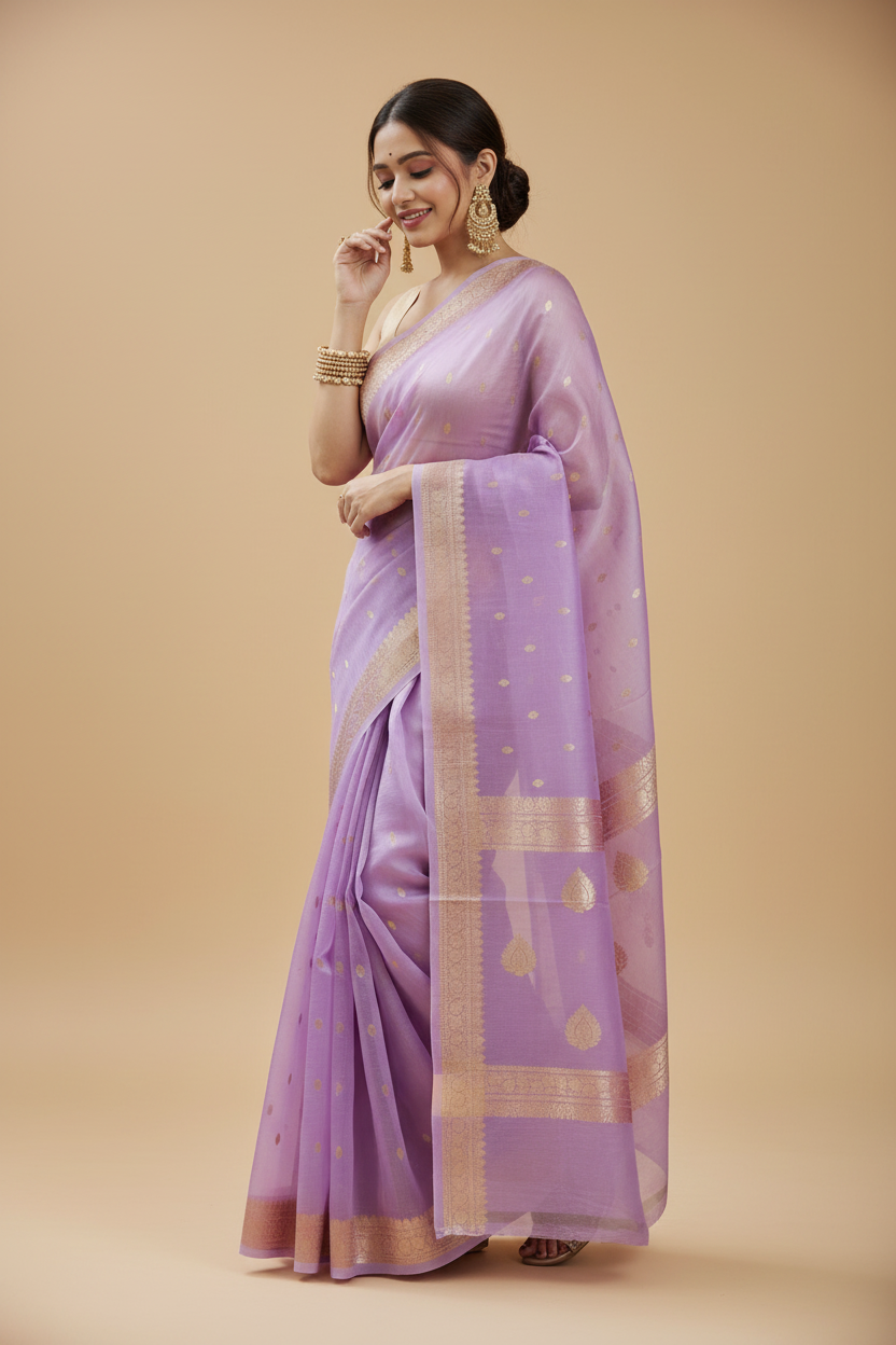 Snuggle Spot Women's Cotton  Printed Saree With Unstitched Blouse 5.5Mtr (Lavender)