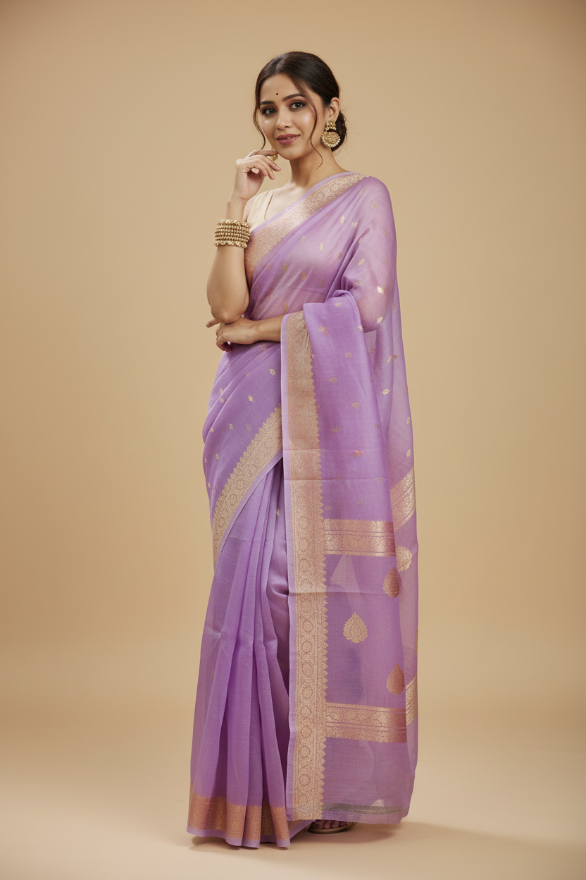 Snuggle Spot Women's Cotton  Printed Saree With Unstitched Blouse 5.5Mtr (Lavender)