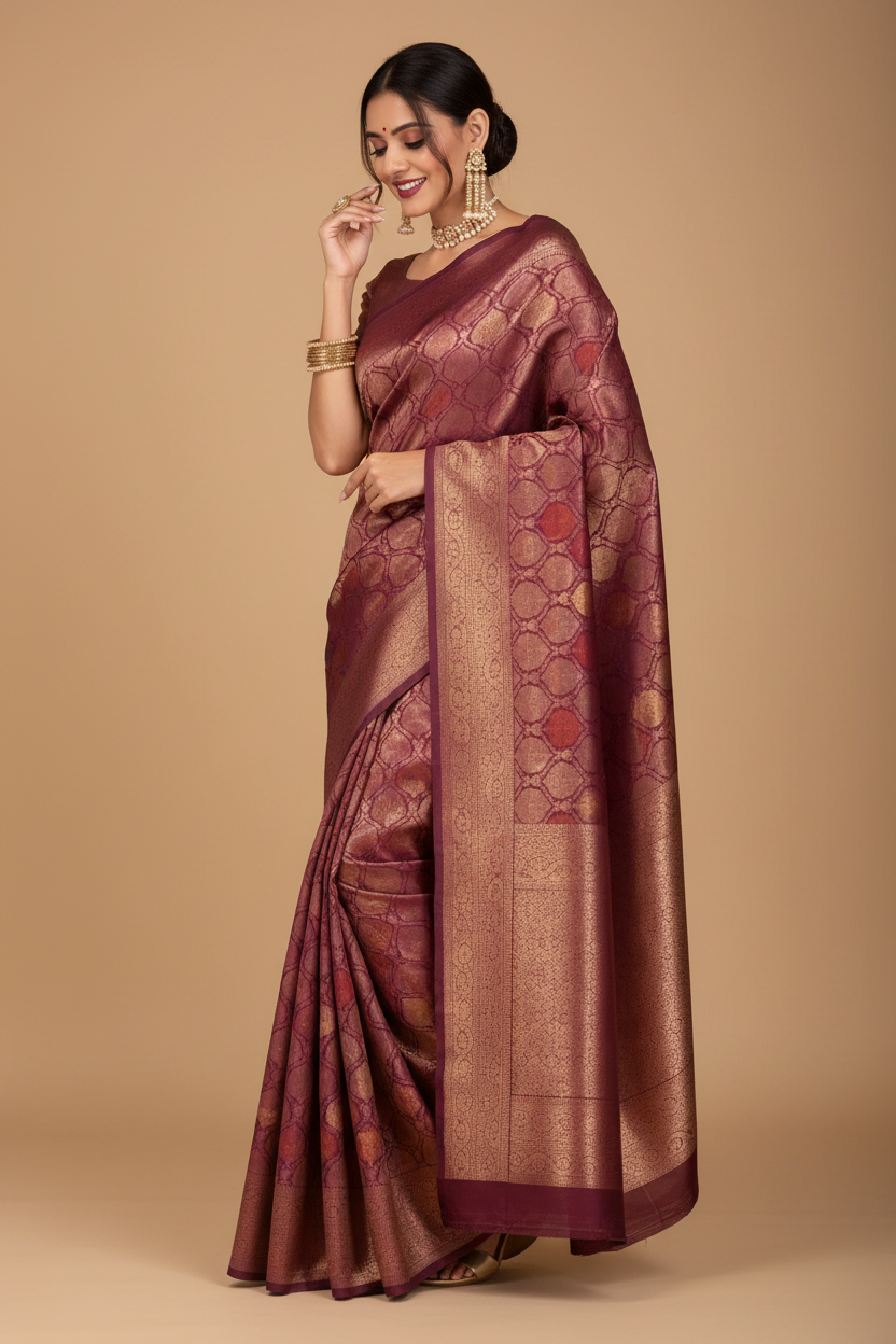 Snuggle Spot Women's Silk Printed Saree With Unstitched Blouse 5.5Mtr (Wine)