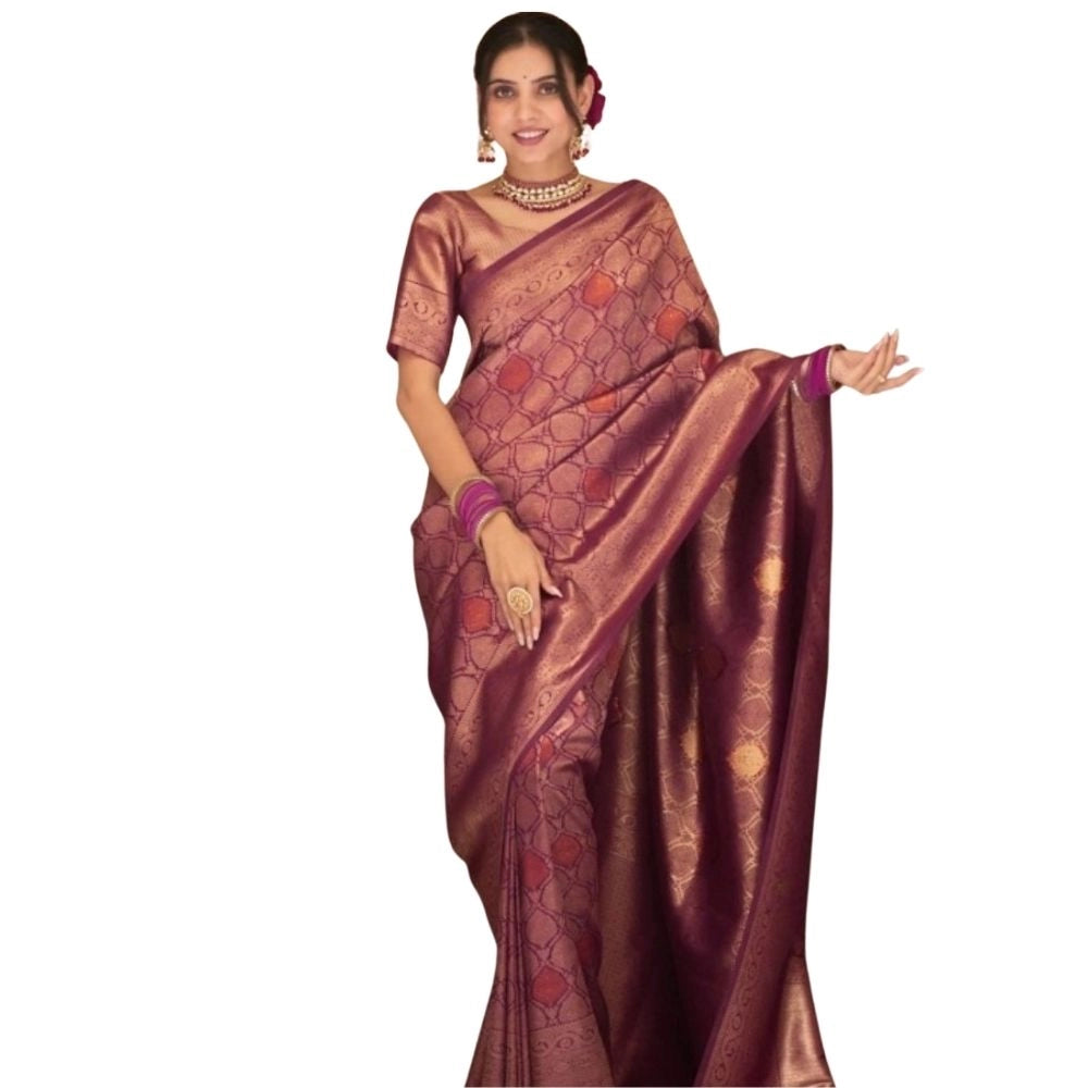 Snuggle Spot Women's Silk Printed Saree With Unstitched Blouse 5.5Mtr (Wine)