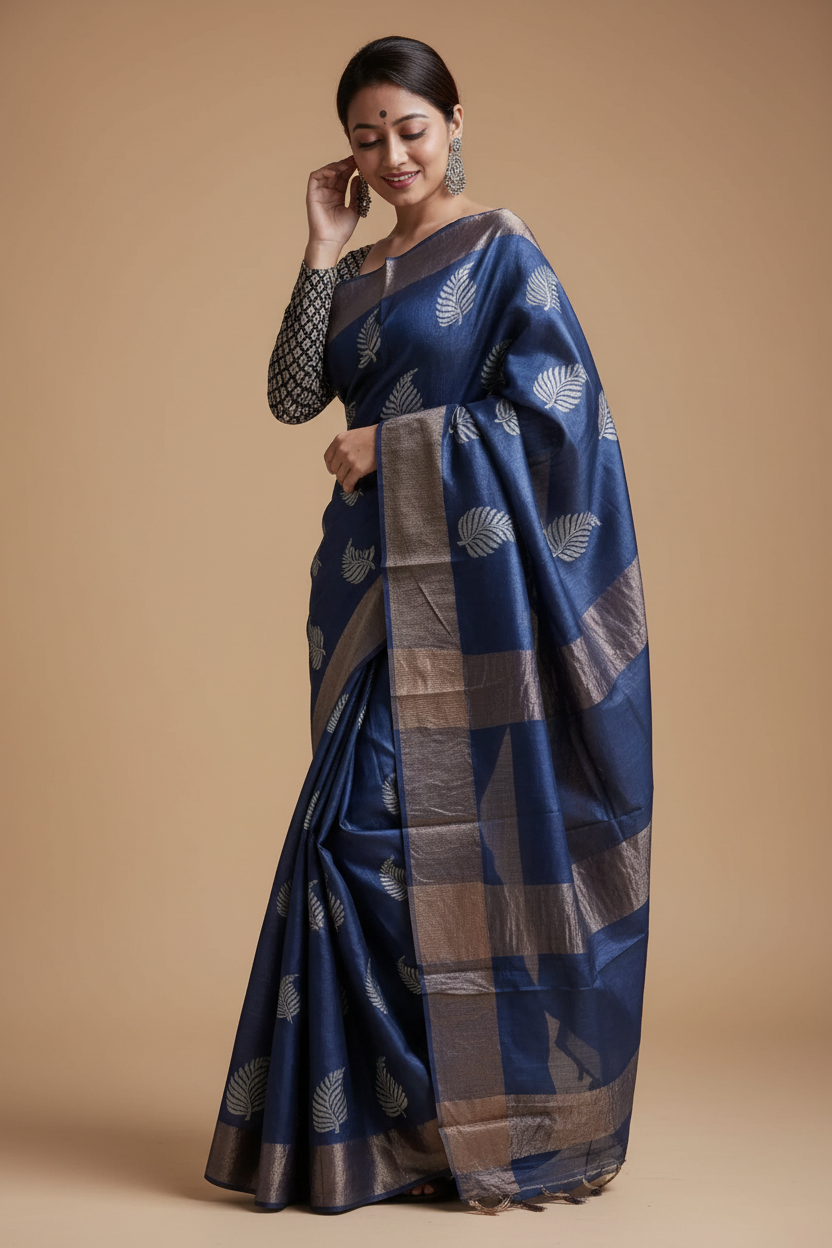 Snuggle Spot Women's Silk Printed Saree With Unstitched Blouse 5.5Mtr (Navy Blue)