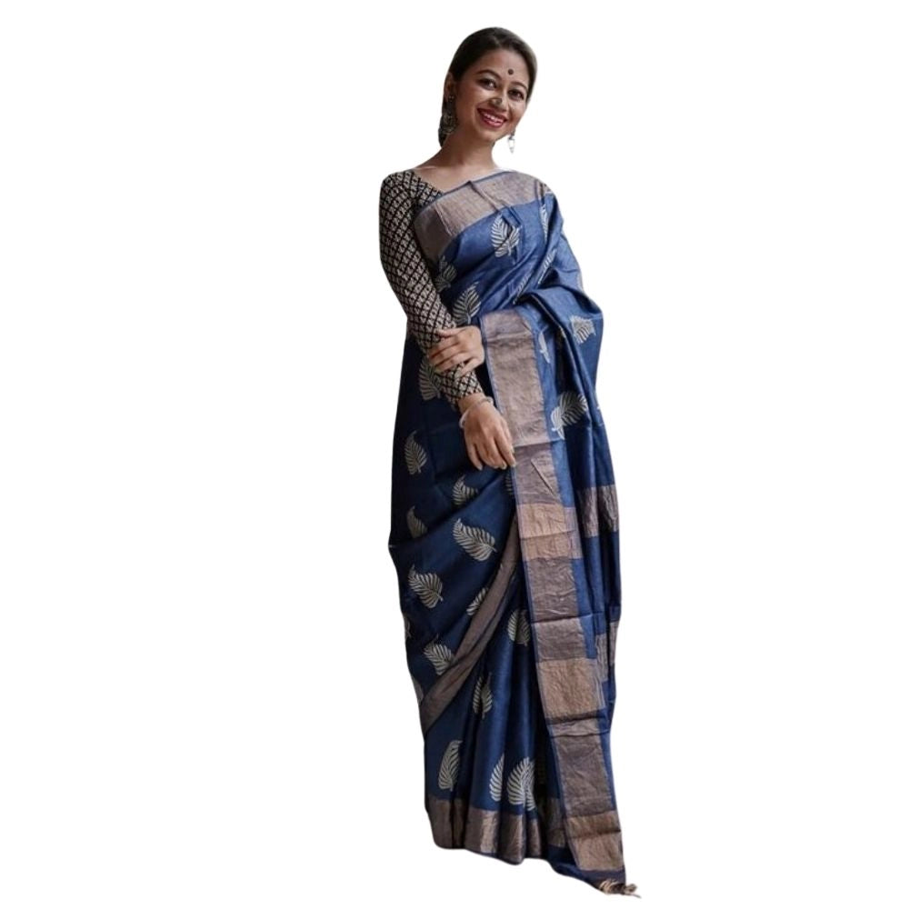 Snuggle Spot Women's Silk Printed Saree With Unstitched Blouse 5.5Mtr (Navy Blue)