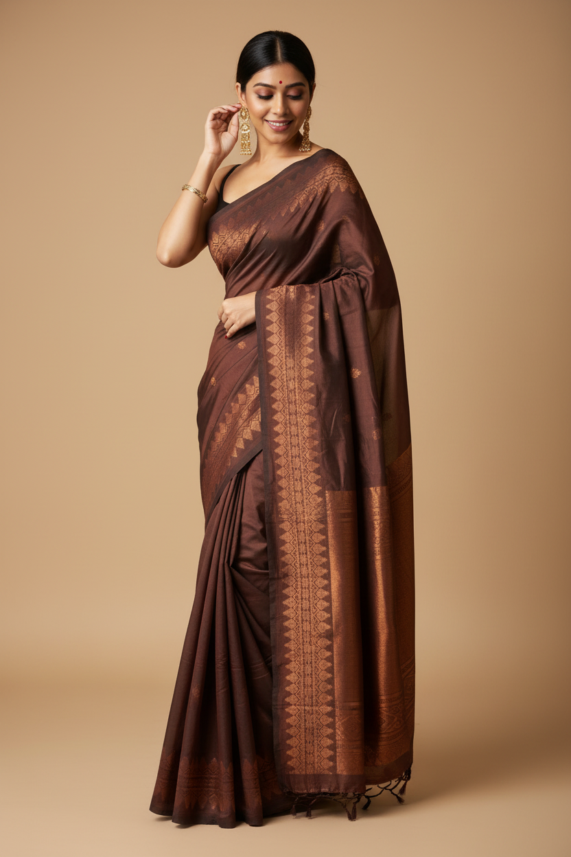 Snuggle Spot Women's Silk Printed Saree With Unstitched Blouse 5.5Mtr (Coffee)