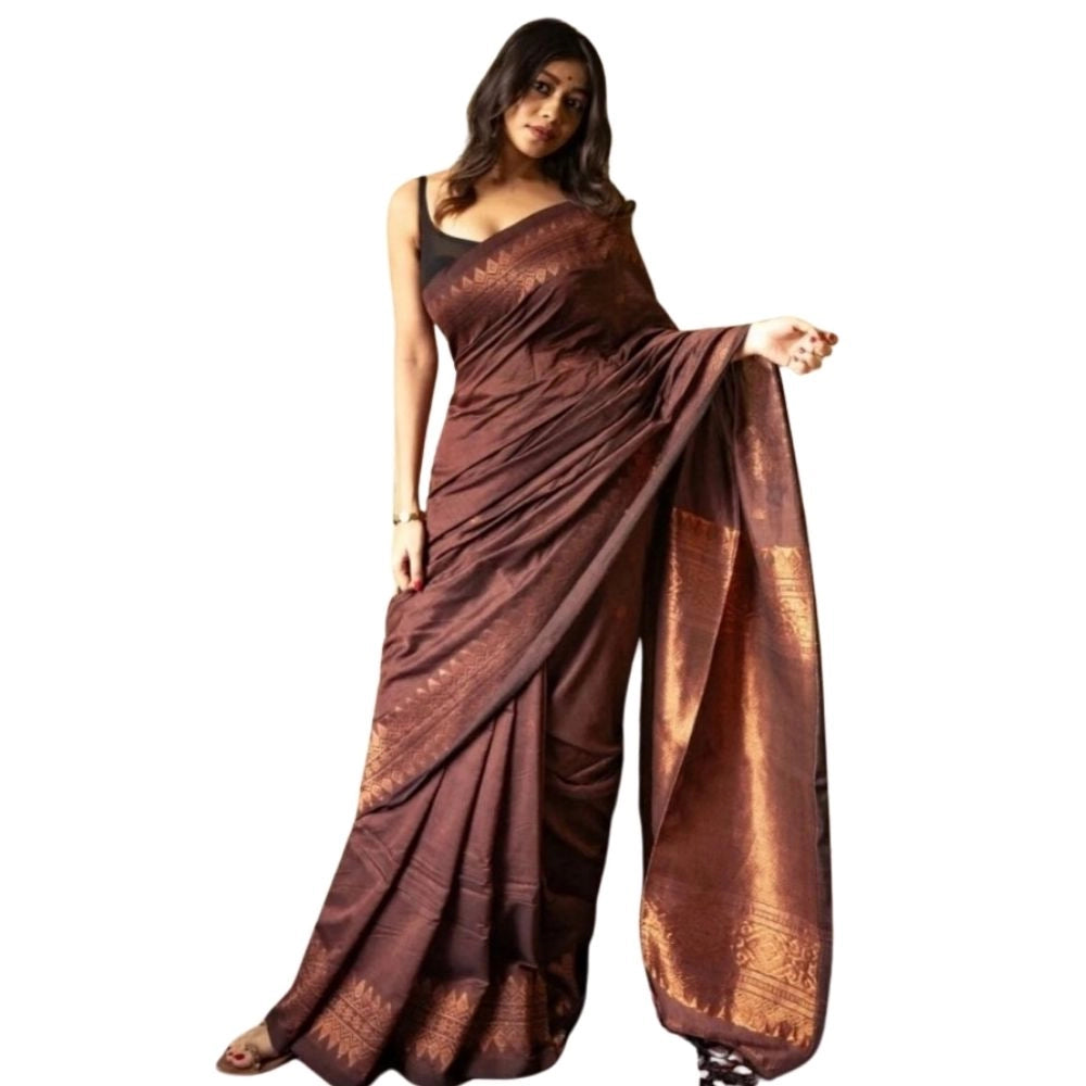 Snuggle Spot Women's Silk Printed Saree With Unstitched Blouse 5.5Mtr (Coffee)