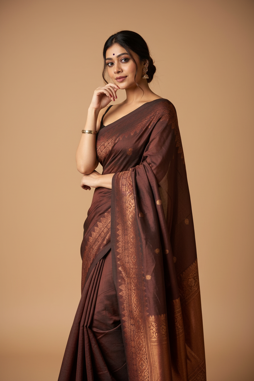 Snuggle Spot Women's Silk Printed Saree With Unstitched Blouse 5.5Mtr (Coffee)