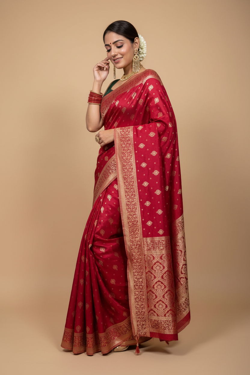 Snuggle Spot Women's Silk Printed Saree With Unstitched Blouse 5.5Mtr (Red)