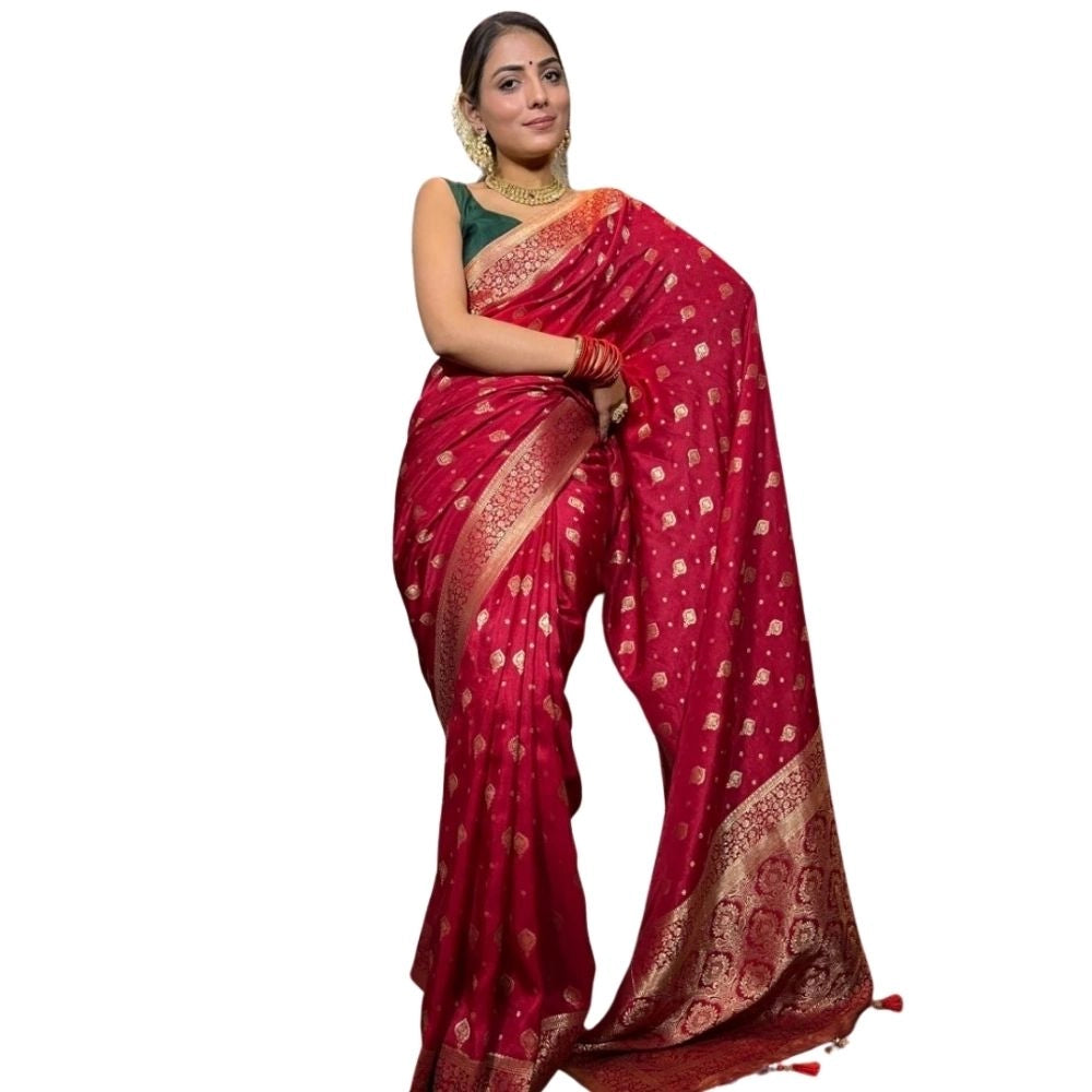 Snuggle Spot Women's Silk Printed Saree With Unstitched Blouse 5.5Mtr (Red)