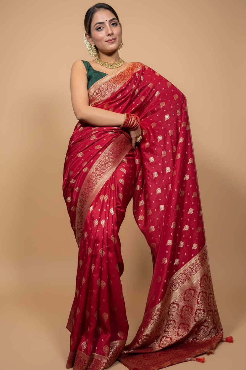Snuggle Spot Women's Silk Printed Saree With Unstitched Blouse 5.5Mtr (Red)