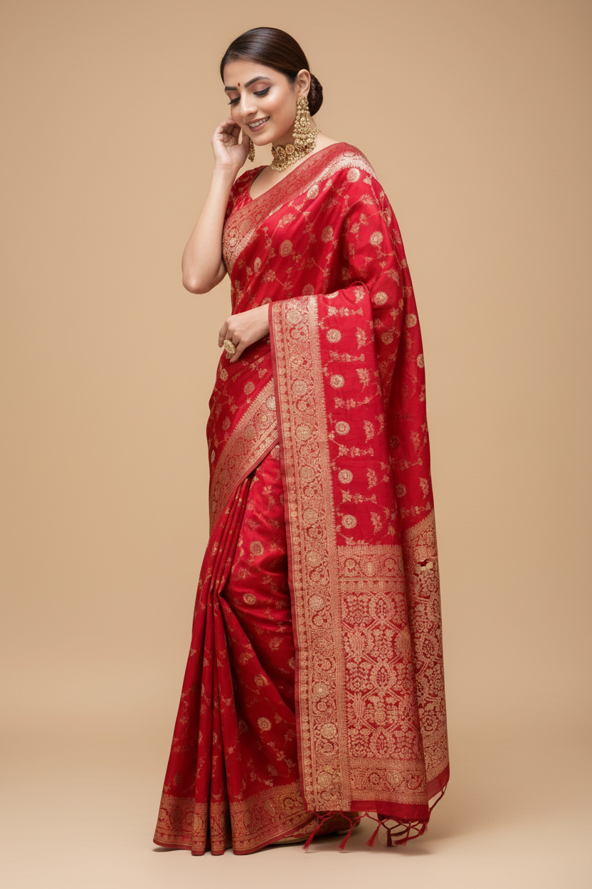 Snuggle Spot Women's Silk Printed Saree With Unstitched Blouse 5.5Mtr (Red)